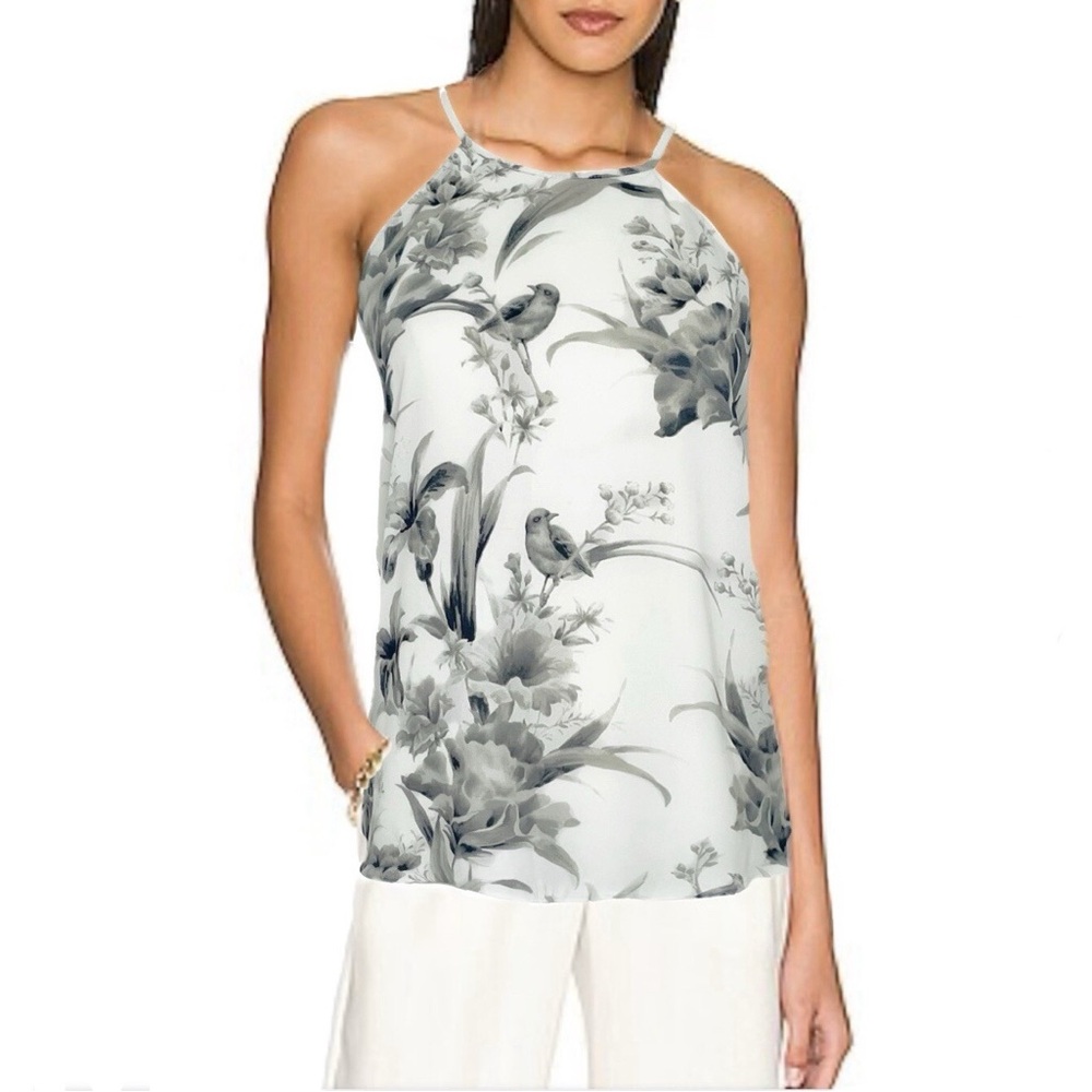 Ann Taylor Loft Women's Bird & Floral Monochromatic Tank Blouse Sleeveless Sz M